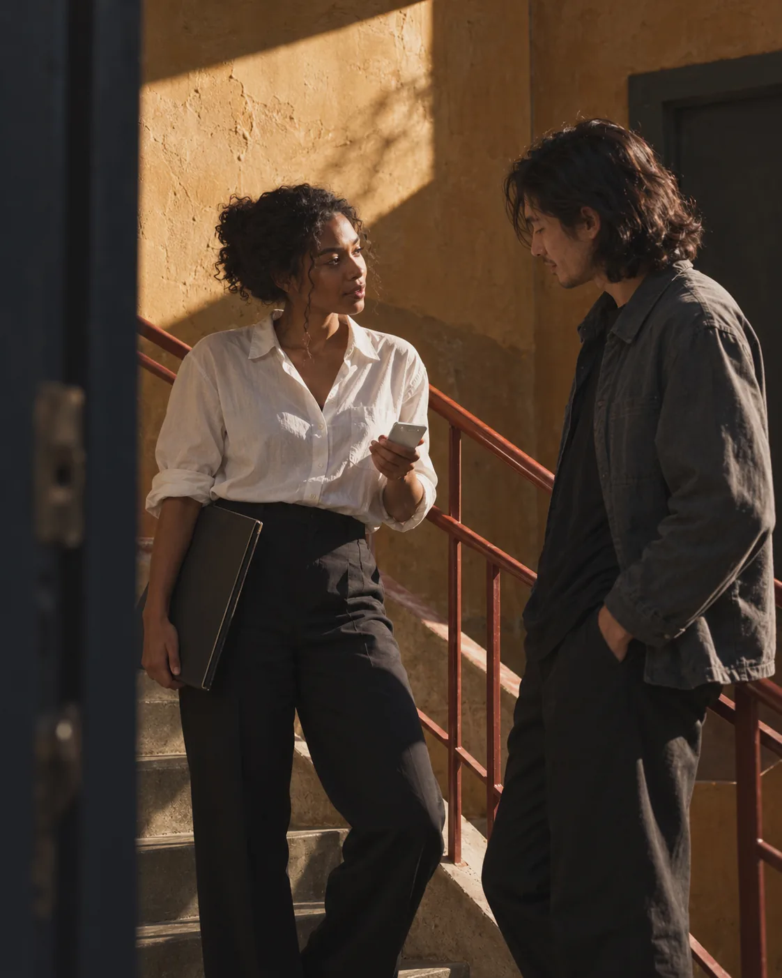 Two coworkers making plans on a sunlit stairwell